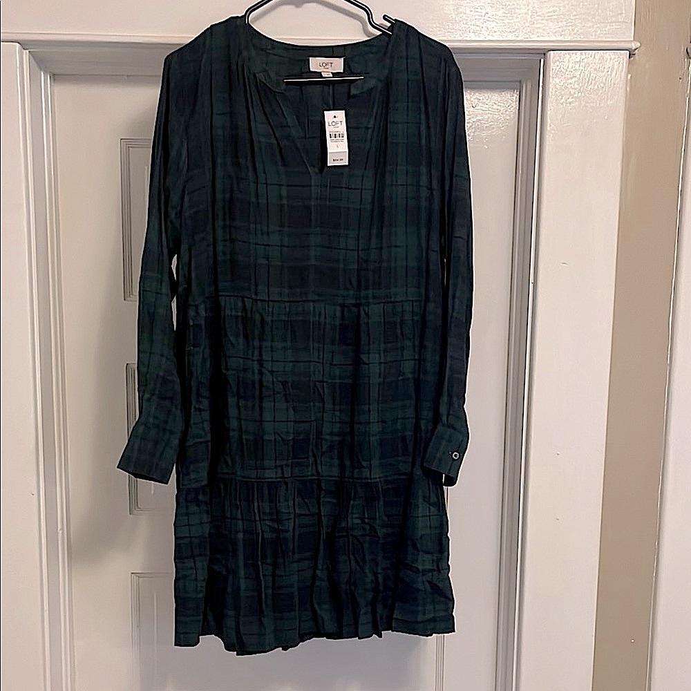 Loft Green Plaid Long Sleeve Dress